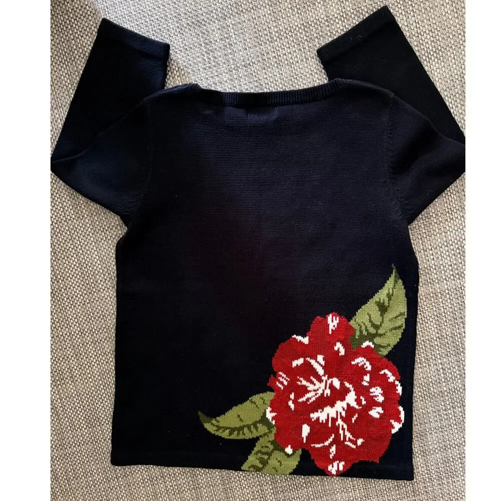 JONES NEW YORK SPORT 100% Cotton Floral Intarsia 3/4 Sleeve Sweater Black Red M